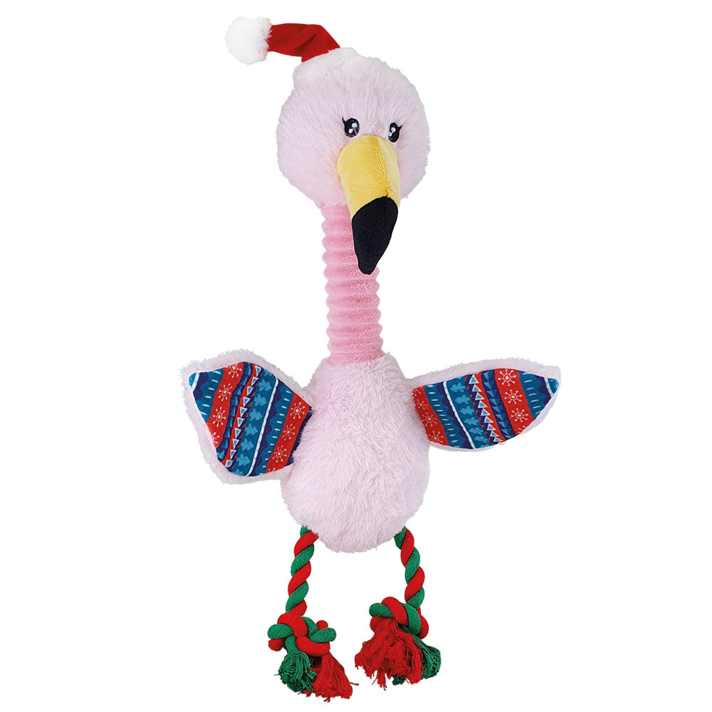 Rosa Plüsch-Flamingo mit gemusterten Flügeln und buntem Seil