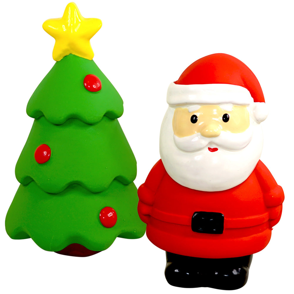 Latex-Hundespielzeuge als grüner Weihnachtsbaum und roter Weihnachtsmann