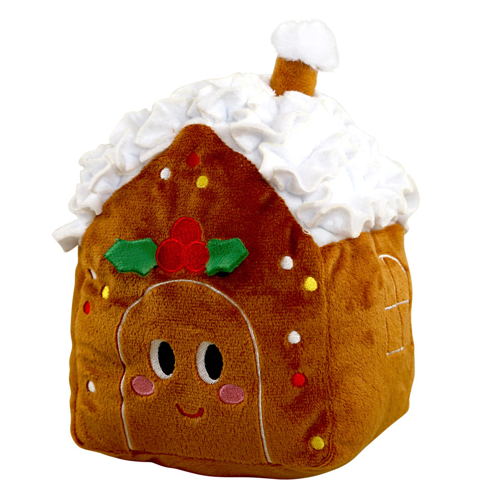 Braunes Plüsch-Lebkuchenhaus mit weißem Dach und bunten Verzierungen