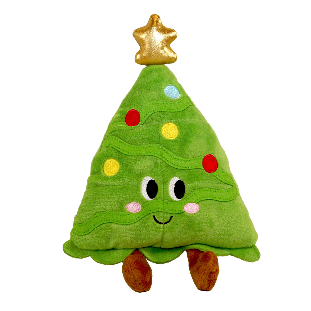 Grüner Plüsch-Weihnachtsbaum mit Gesicht und bunten Punkten