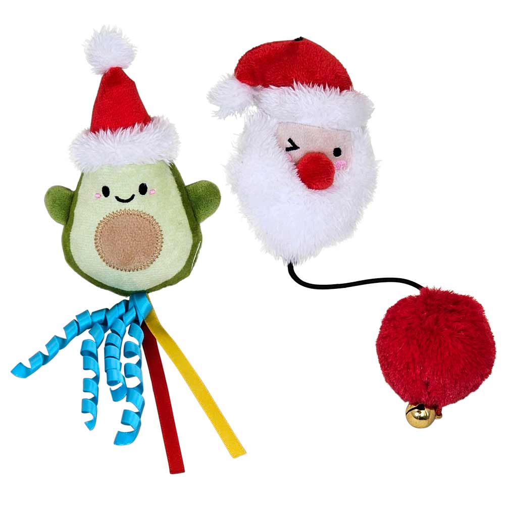 Plüsch-Avocado und Weihnachtsmann mit Bändern und Spielball