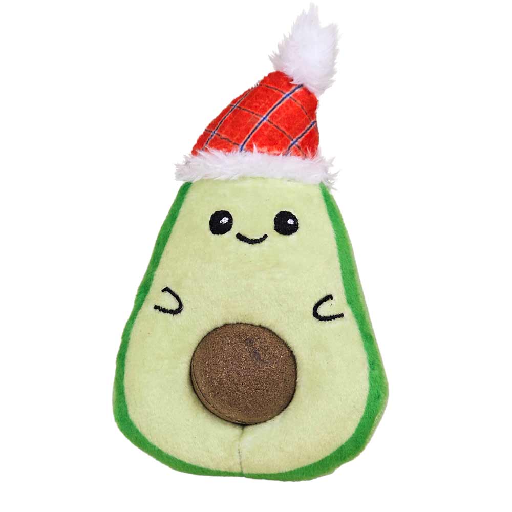 Grüne Plüsch-Avocado mit Weihnachtsmütze und braunem Ball
