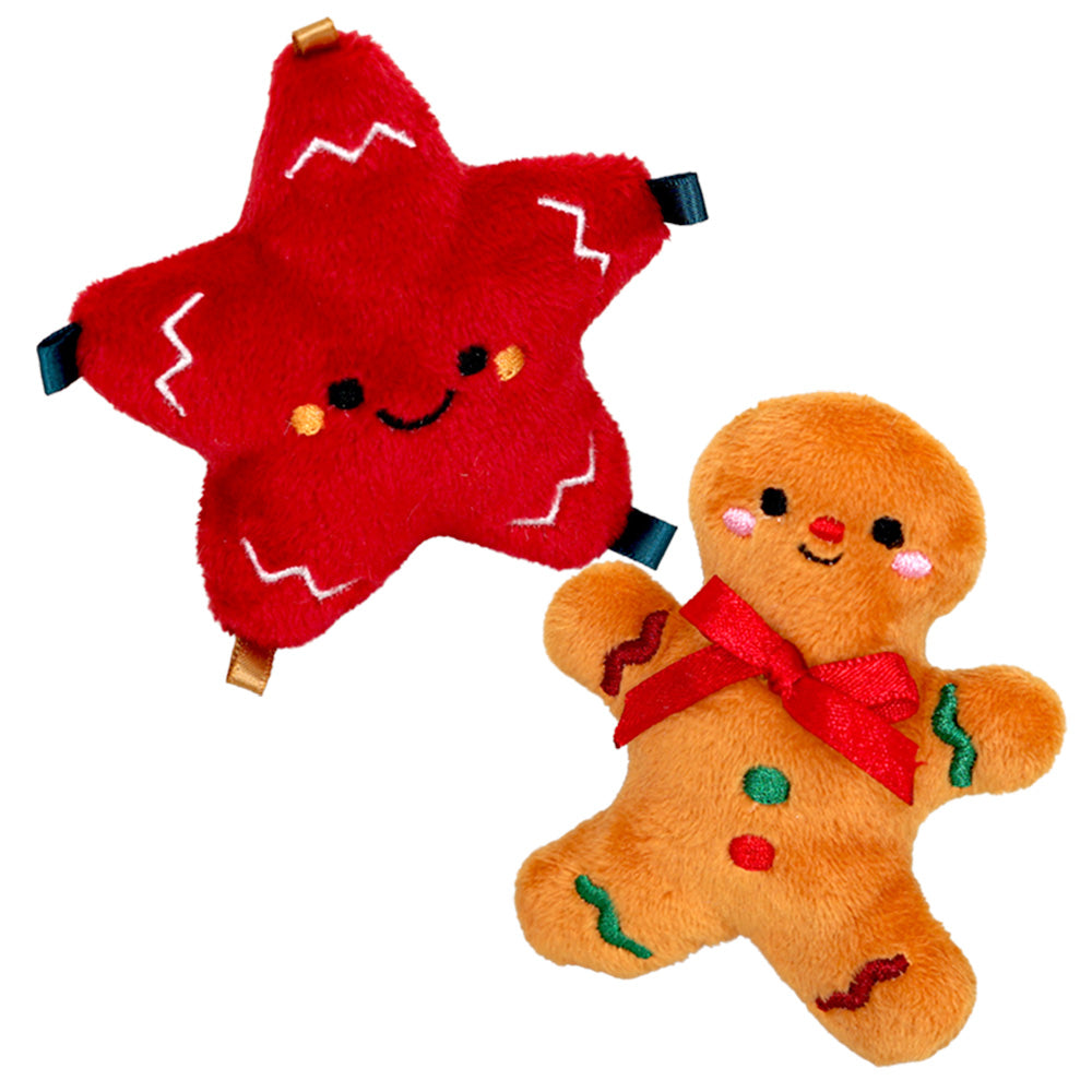 Katzenspielzeuge als roter Weihnachtsstern und Lebkuchenmann