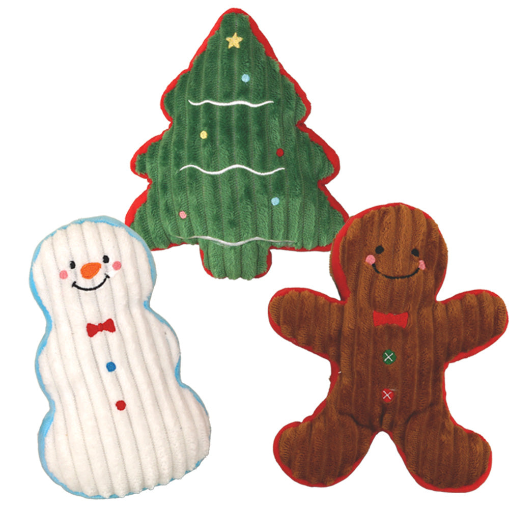 Plüschspielzeuge in Cordoptik als Schneemann, Baum und Lebkuchenmann