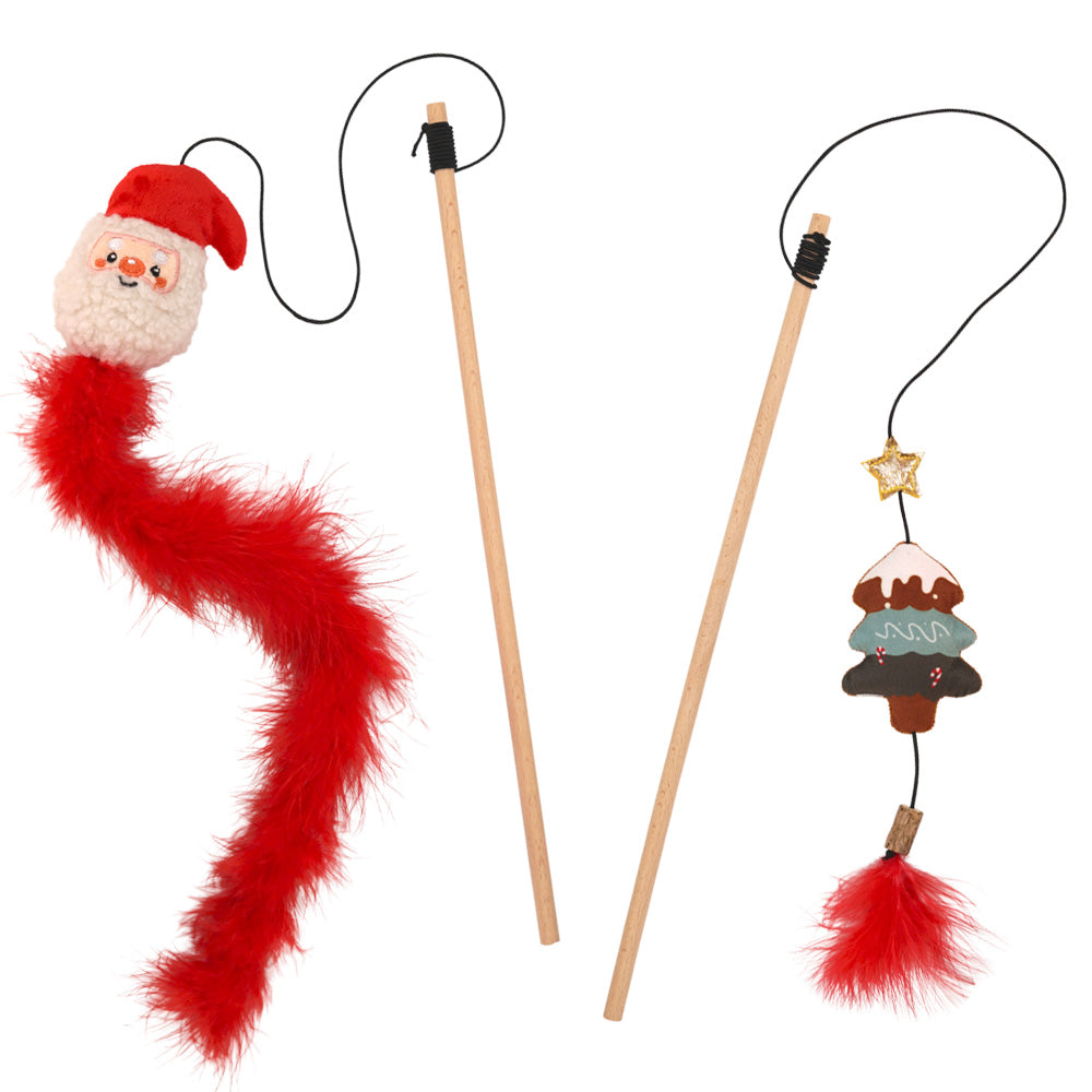Zwei Katzenangeln mit Holzstäben und weihnachtlichen Anhängern