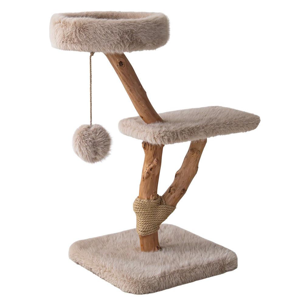 Kratzbaum "ALMA" aus Naturholz mit Longplüsch und Liegebett
