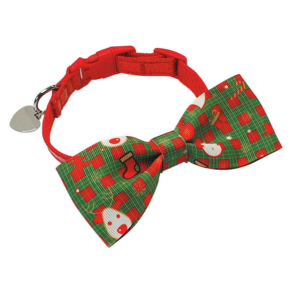 Rotes Hundehalsband mit großer rot-grüner Weihnachtsschleife