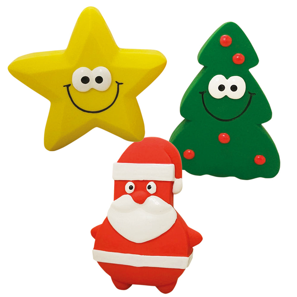 Hundespielzeuge als gelber Stern, Weihnachtsbaum und Weihnachtsmann