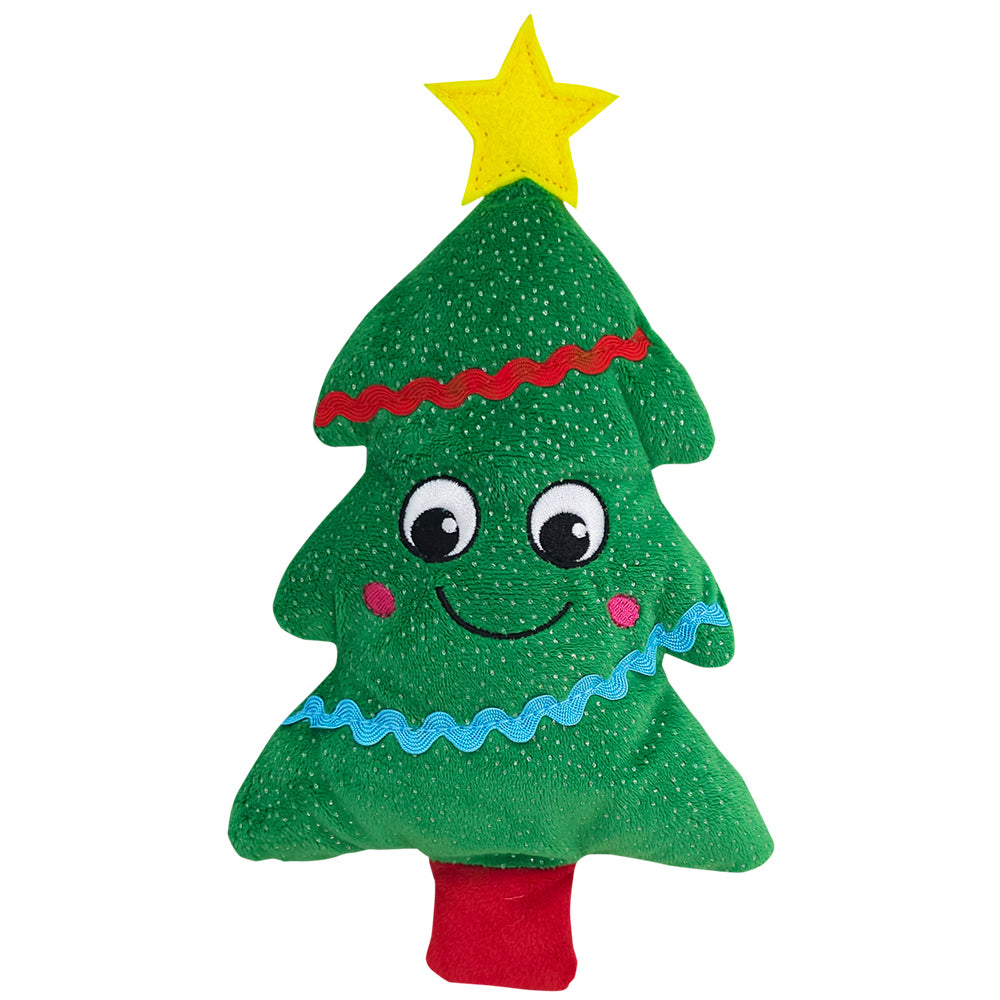 Grünes Weihnachtsbaum-Hundespielzeug mit Gesicht und gelbem Stern