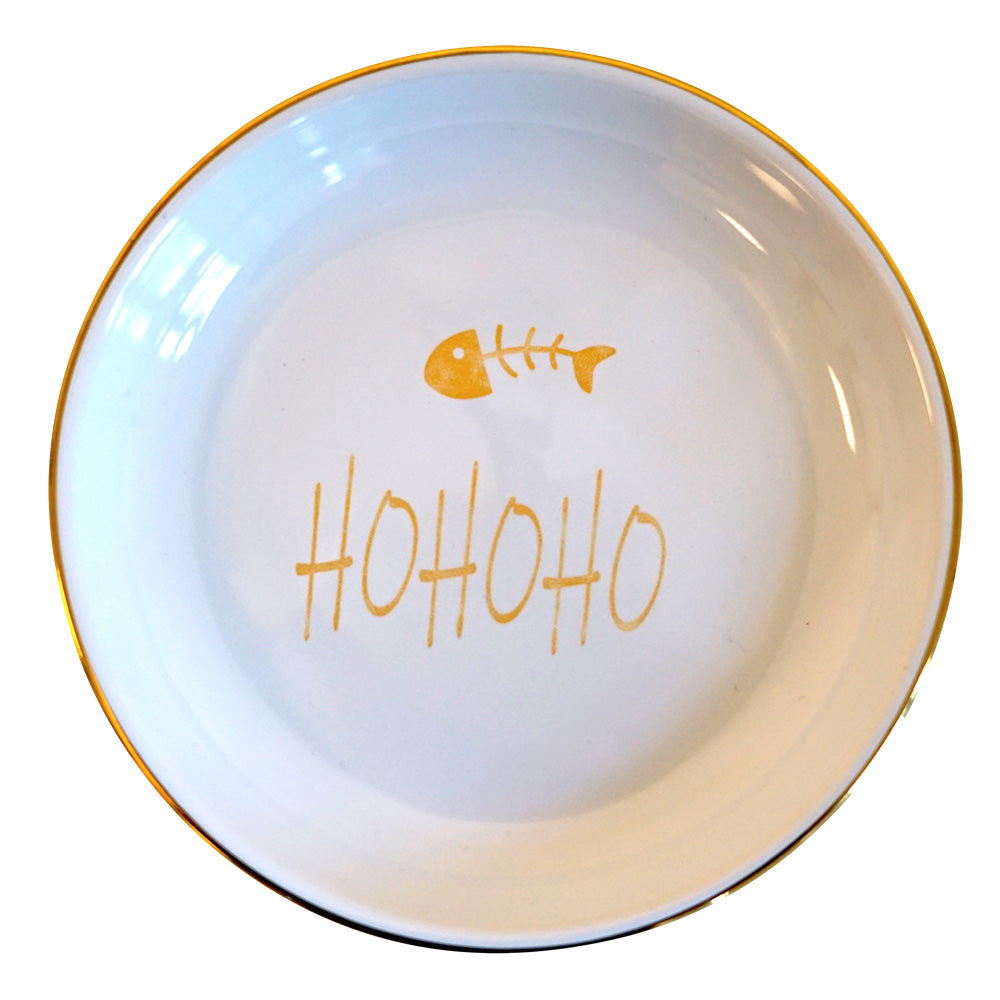 Weiße Keramikschale HOHOHO mit goldfarbenem Schriftzug und Fischgräte