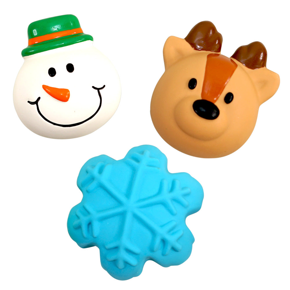 Latex-Hundespielzeuge als Schneemann, Rentier und blaue Schneeflocke