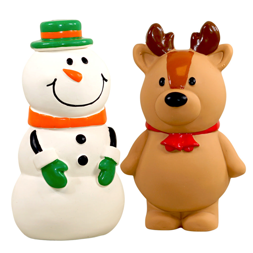 Hundespielzeuge als Schneemann und Rentier
