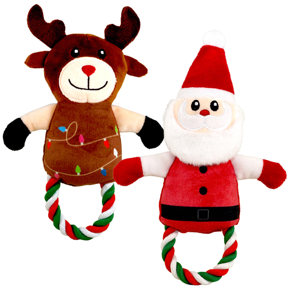 Weihnachtsmann und Rentier aus Plüsch mit bunten Seilschlaufen