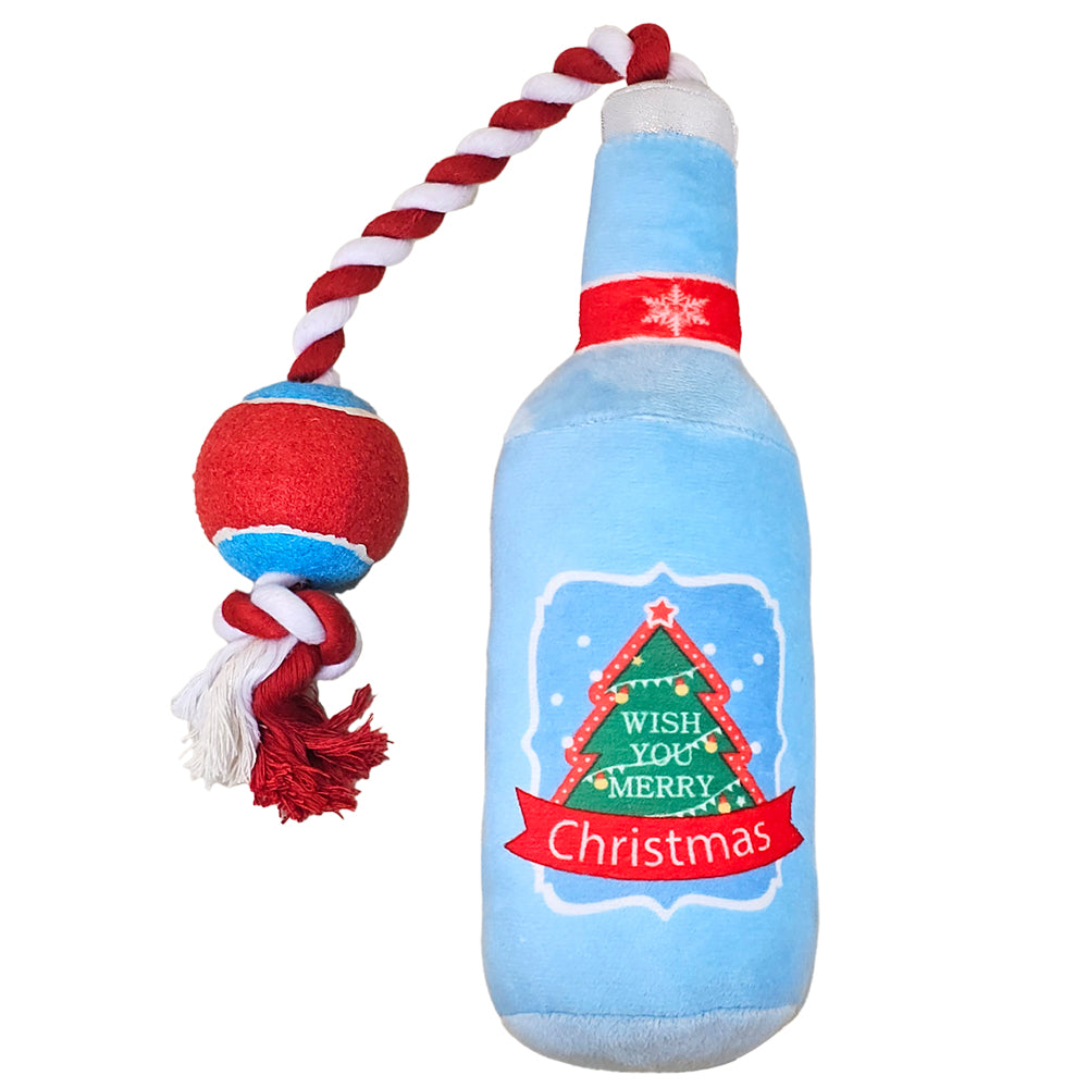 Blaue Plüschflasche mit Weihnachtsmotiv und rot-weißem Seilball