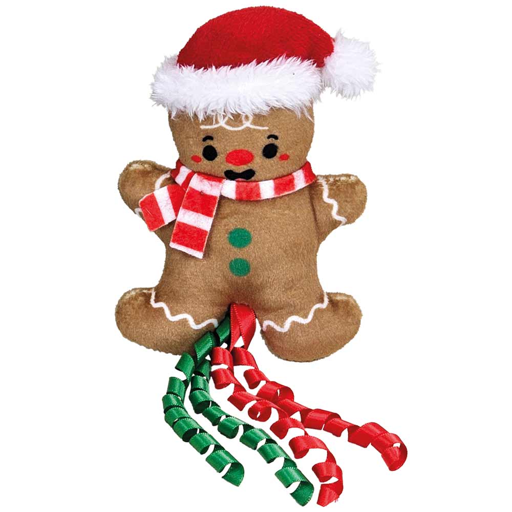 Plüsch-Lebkuchenmann mit Weihnachtsmütze und bunten Bändern