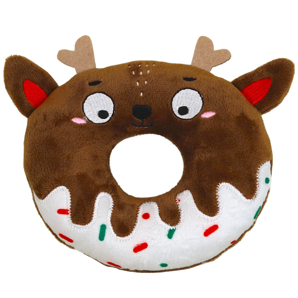 Brauner Plüsch-Donut als Rentier mit Geweih und roter Nase