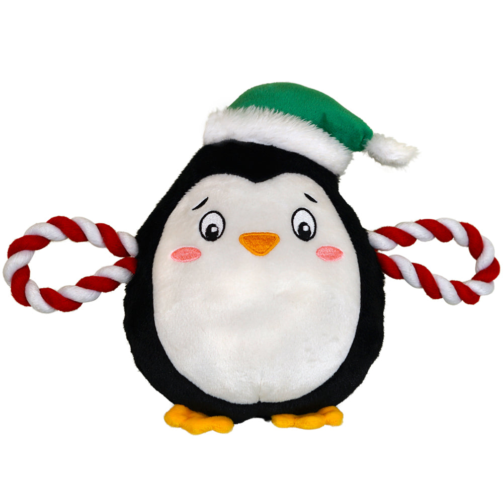 Schwarz-weißer Plüsch-Pinguin mit grüner Mütze und rot-weißen Seilschlaufen
