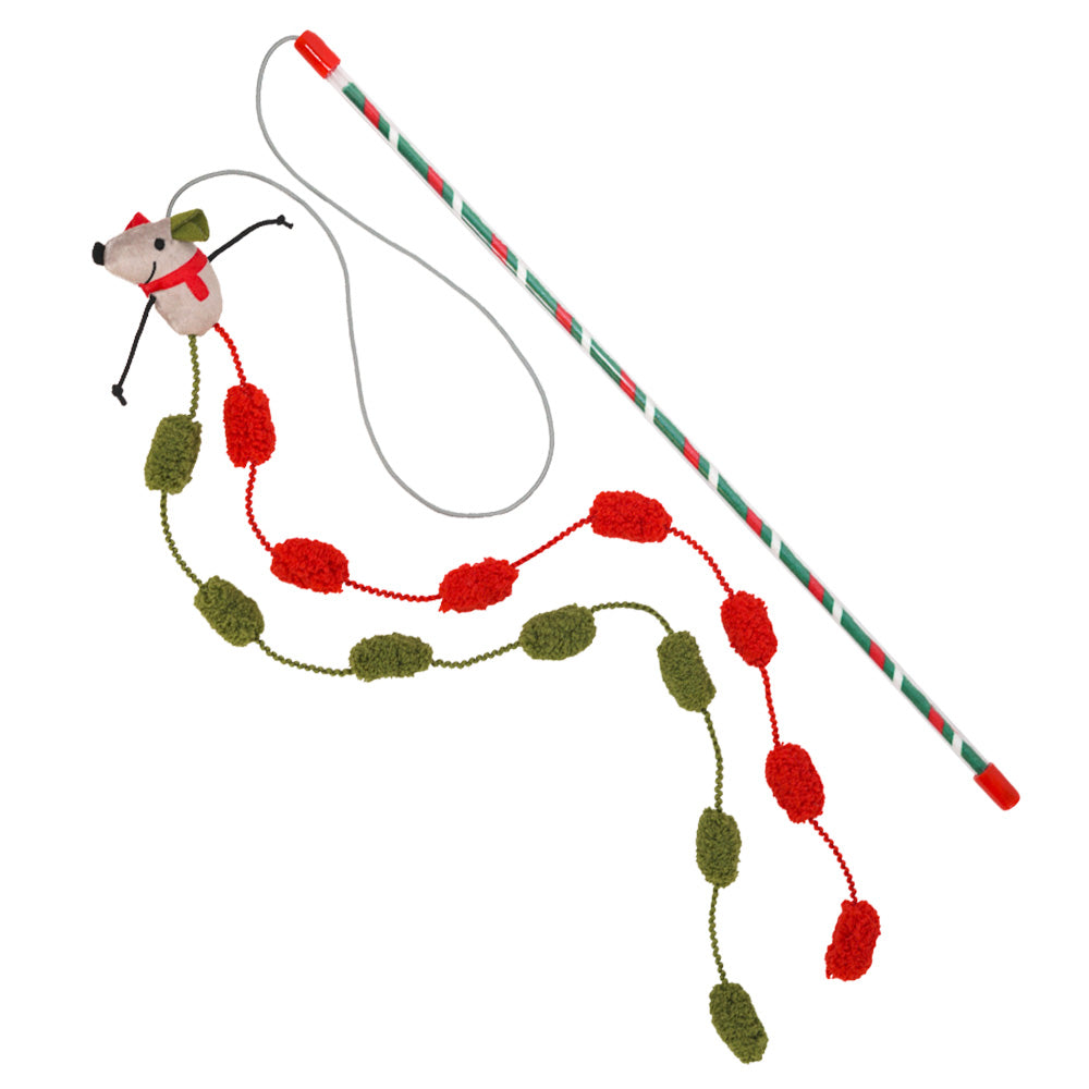 Katzenangel mit Weihnachtsmaus und roten sowie grünen Pompons