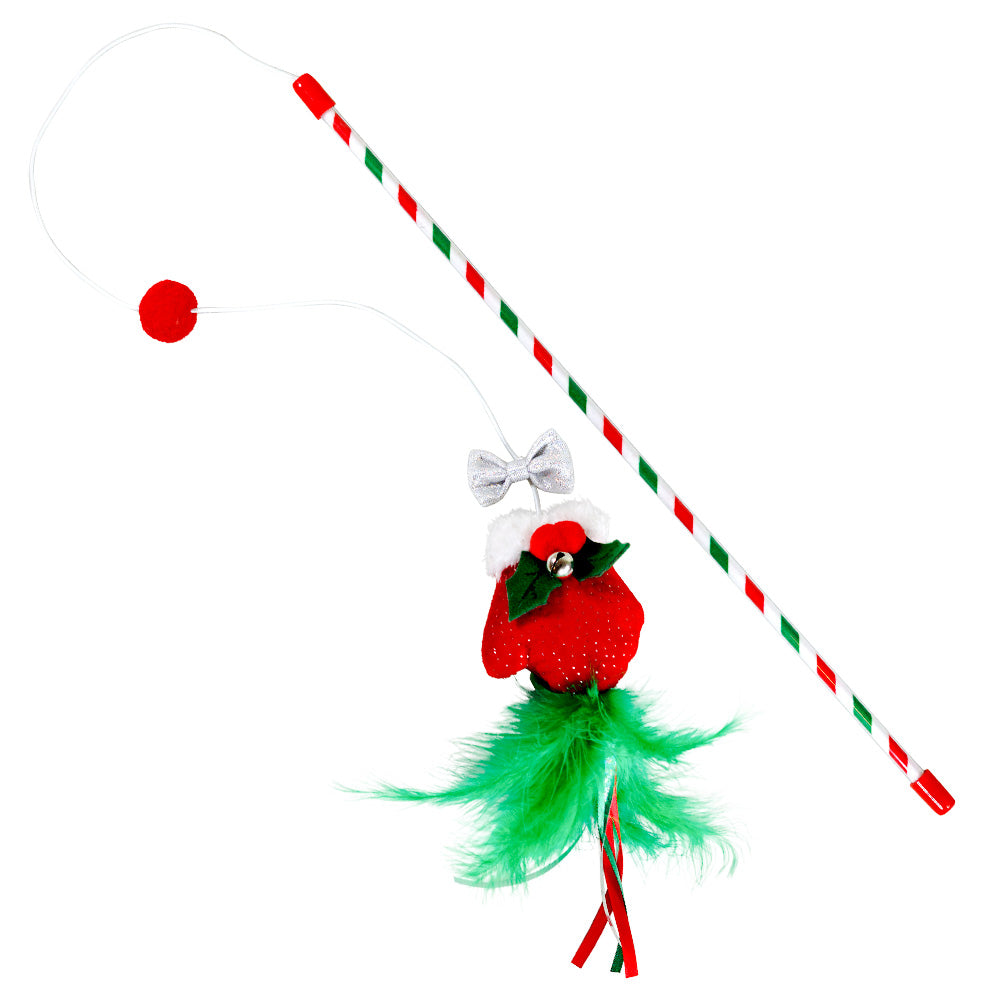 Weihnachtliche Katzenangel mit rot-grünem Anhänger und Federn