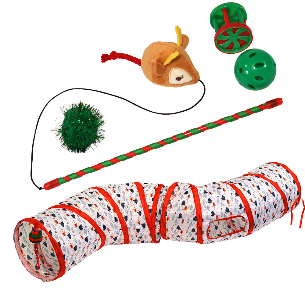 Weihnachtlicher Katzentunnel mit Spielbällen und Katzenangel