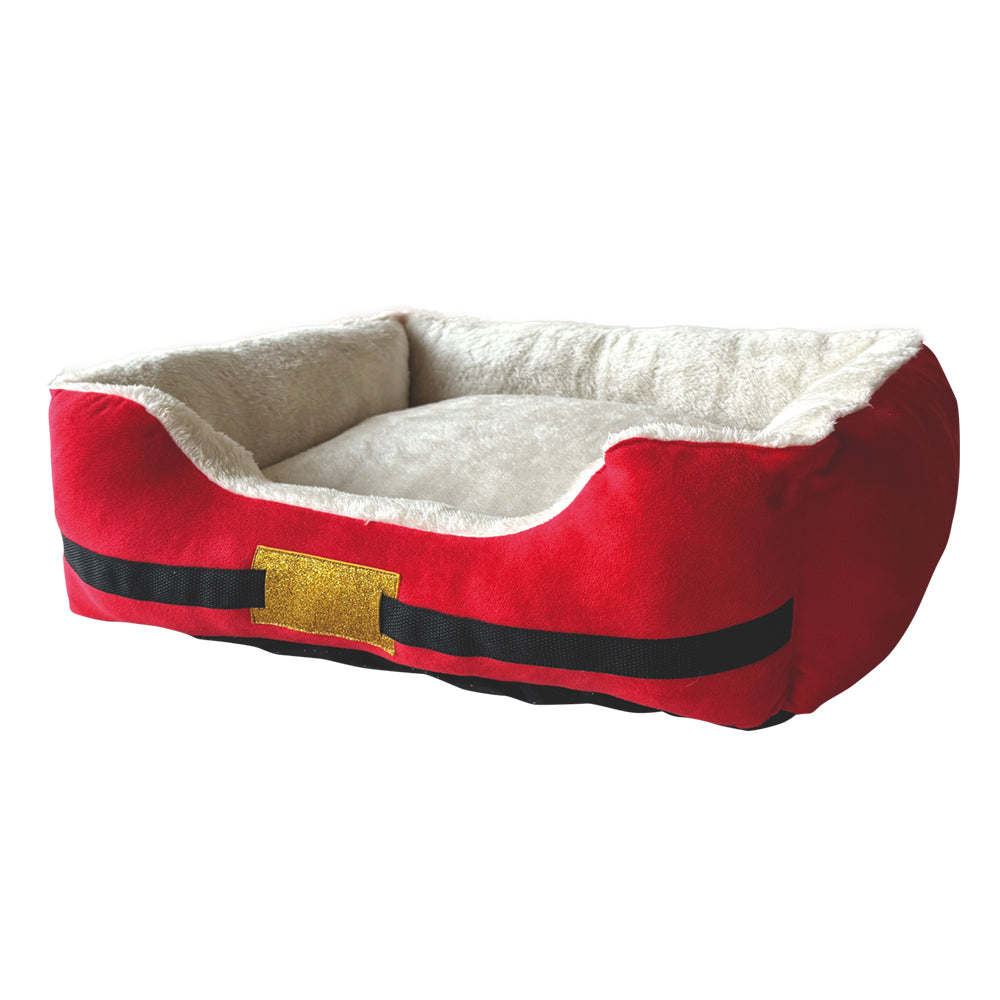 Rotes Tierbett SANTA mit schwarzem Gürtelmotiv und hellem Innenbereich