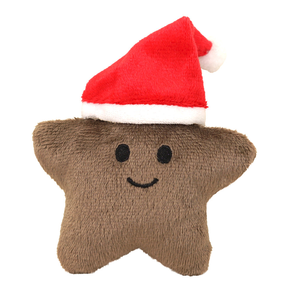 Brauner Plüschstern mit lächelndem Gesicht und Weihnachtsmütze