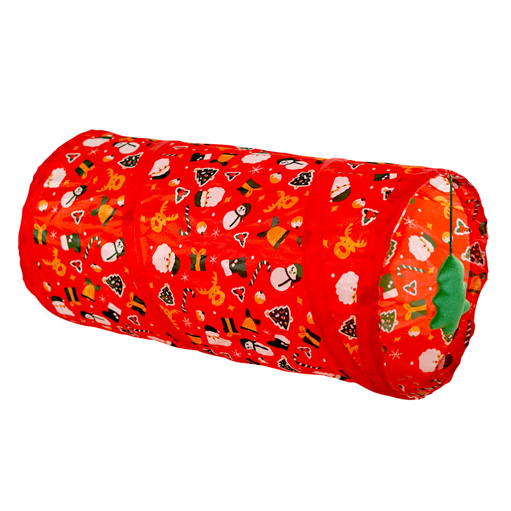 Roter Katzentunnel mit bunten Weihnachtsmotiven