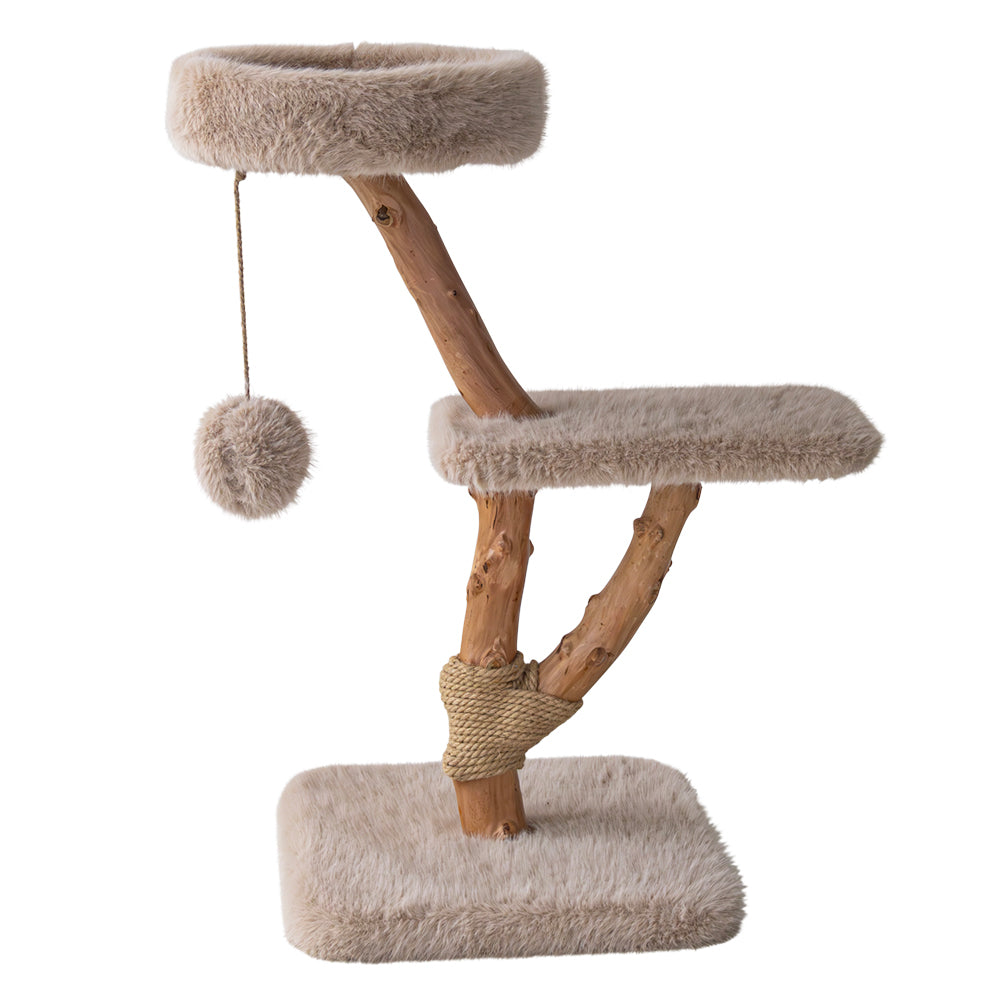 Kratzbaum "ALMA" aus Naturholz mit Longplüsch und Liegebett