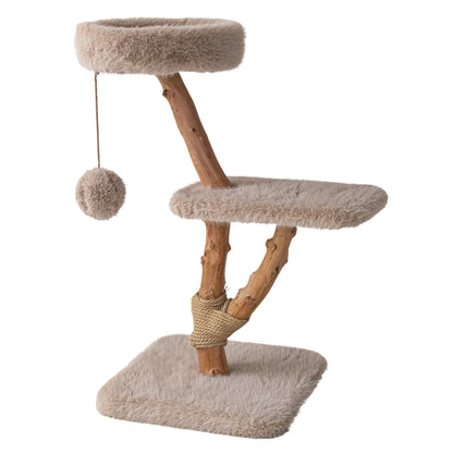 Kratzbaum "ALMA" aus Naturholz mit Longplüsch und Liegebett